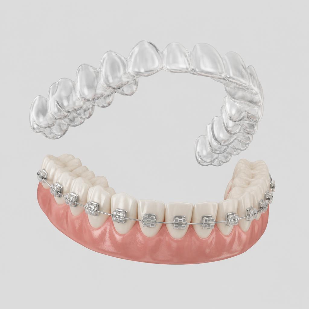 Render 3D de arcada com aparelho fixo e alinhador transparente