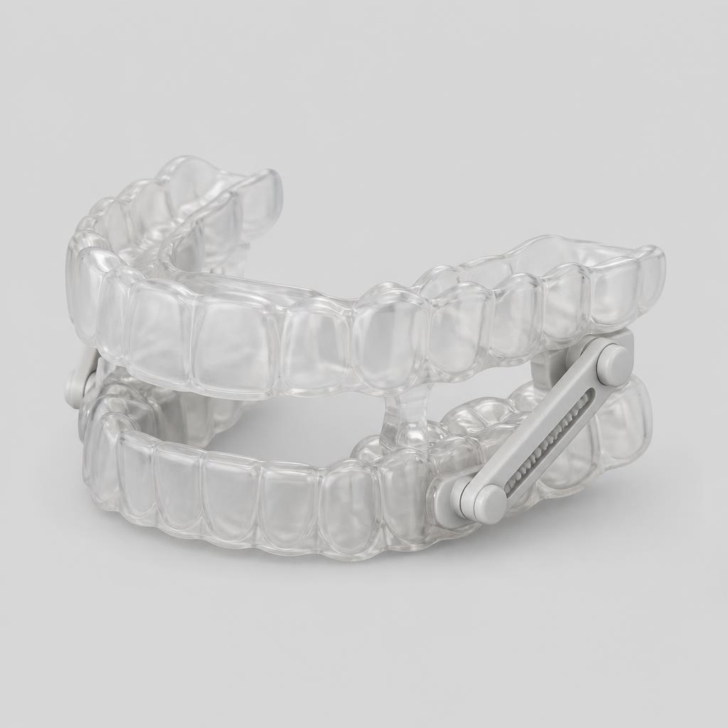 Render 3D de aparelho intraoral de avanço mandibular para tratamento do ronco e da apneia